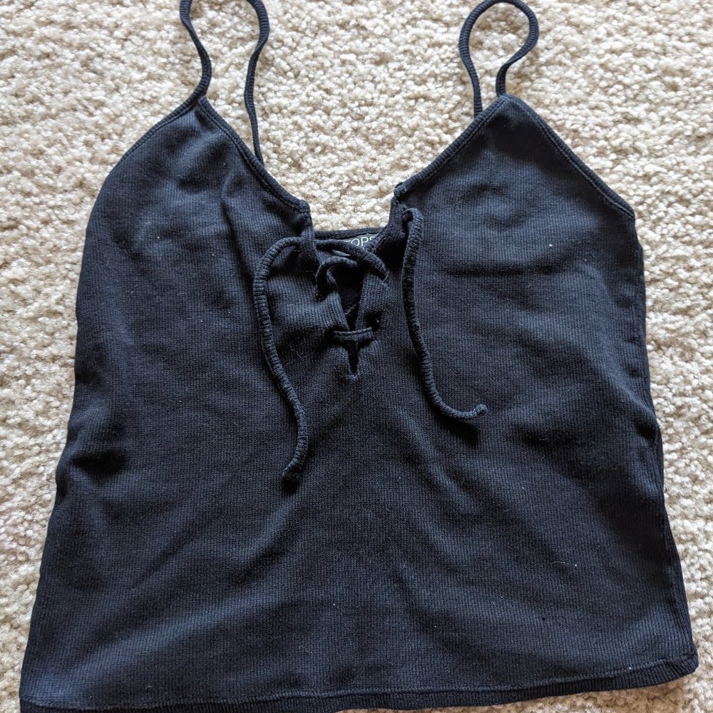 Topshop Black Basic Vneck Spagetti Strap Tie Out Cropped Tank Top Women's M/8